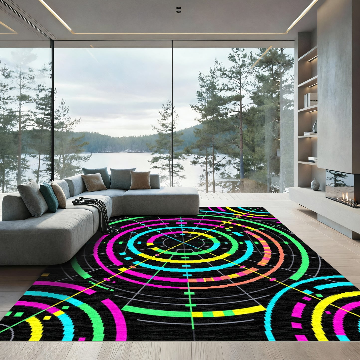 Vibrant Neon Cyberpunk Concentric Circles Rug