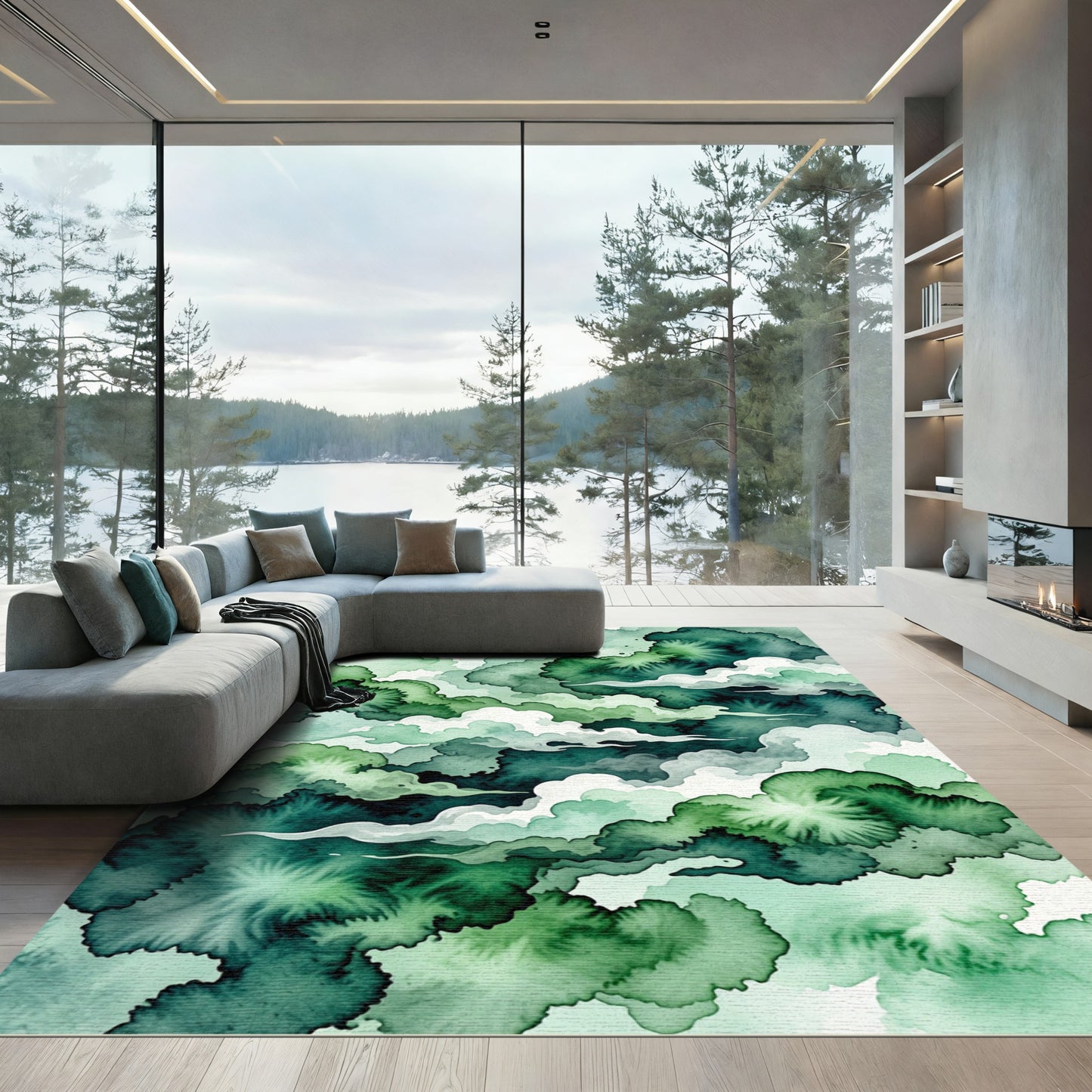 Deep Emerald Forest Watercolor Clouds Rug