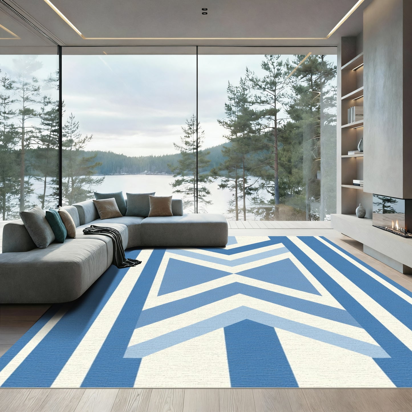 Modern Blue Chevron Stripe Geometric Rug