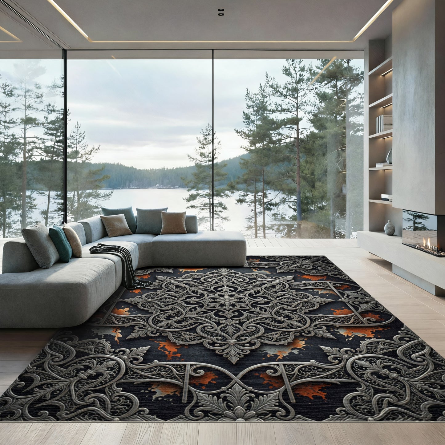 Ornate Silver Filigree Iron Medallion Rug
