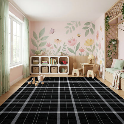 Modern Black Gray Grid Rug