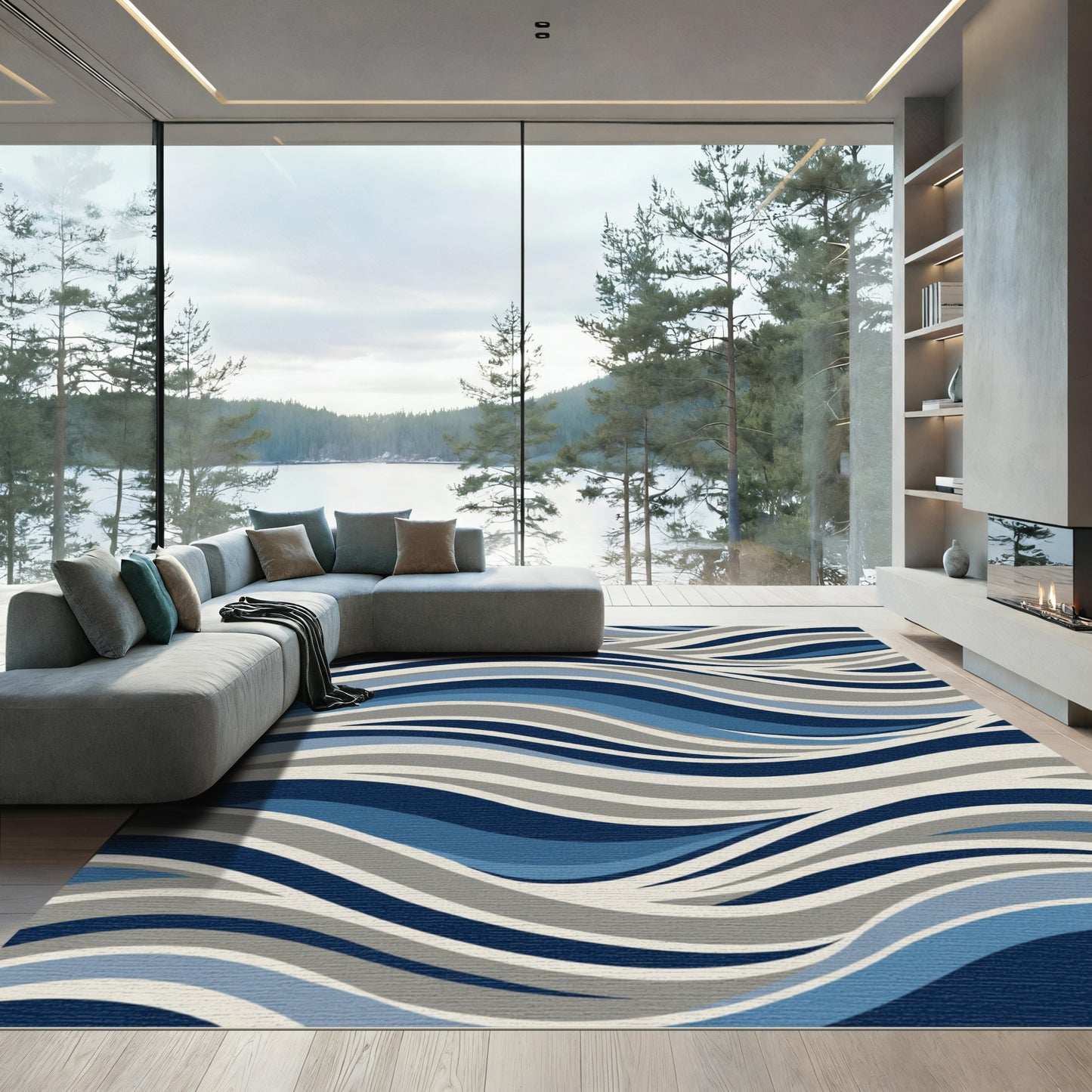 Navy Blue Gray Wave Curves Rug