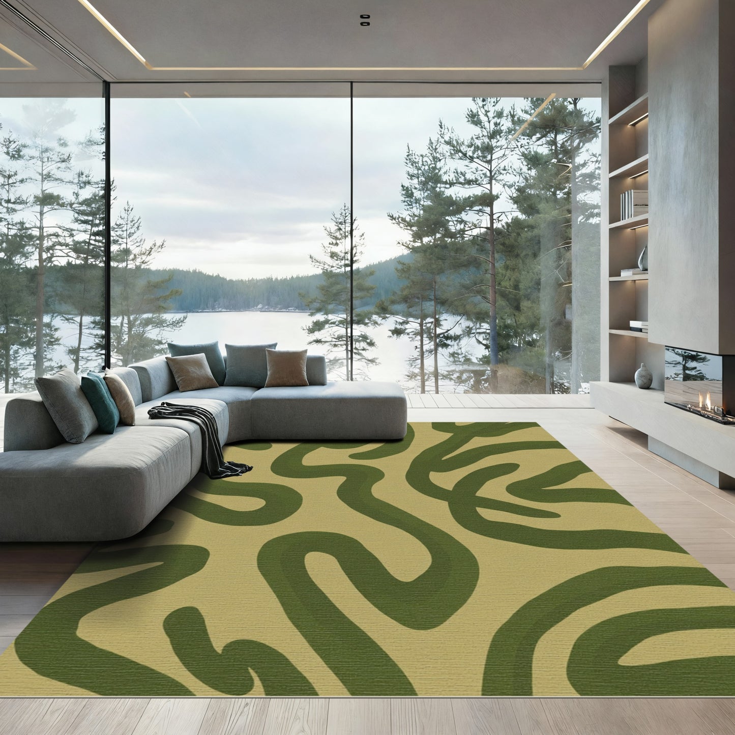 Olive Green Abstract Swirl Rug