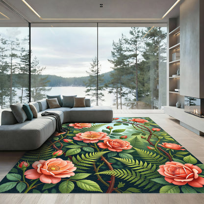 Coral Rose and Fern Botanical Art Rug