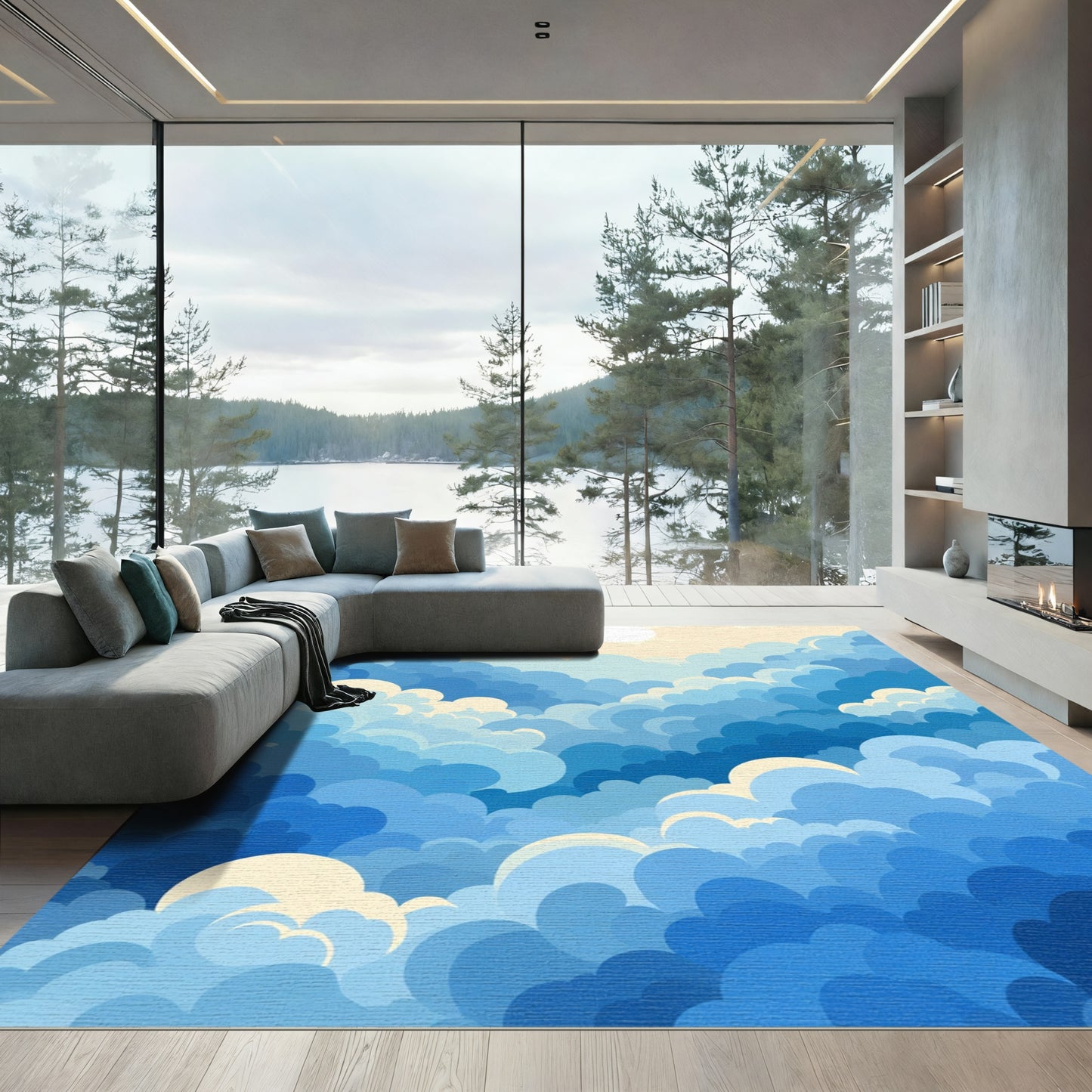 Dreamy Blue Cloudscape Abstract Art Rug
