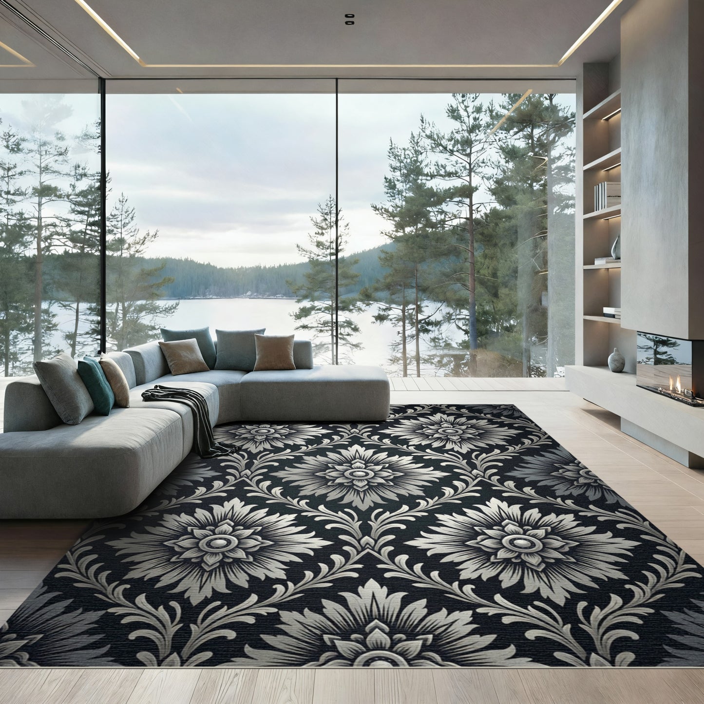 Ornate Silver Floral Scroll Rug