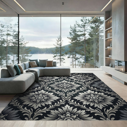 Ornate Silver Floral Scroll Rug