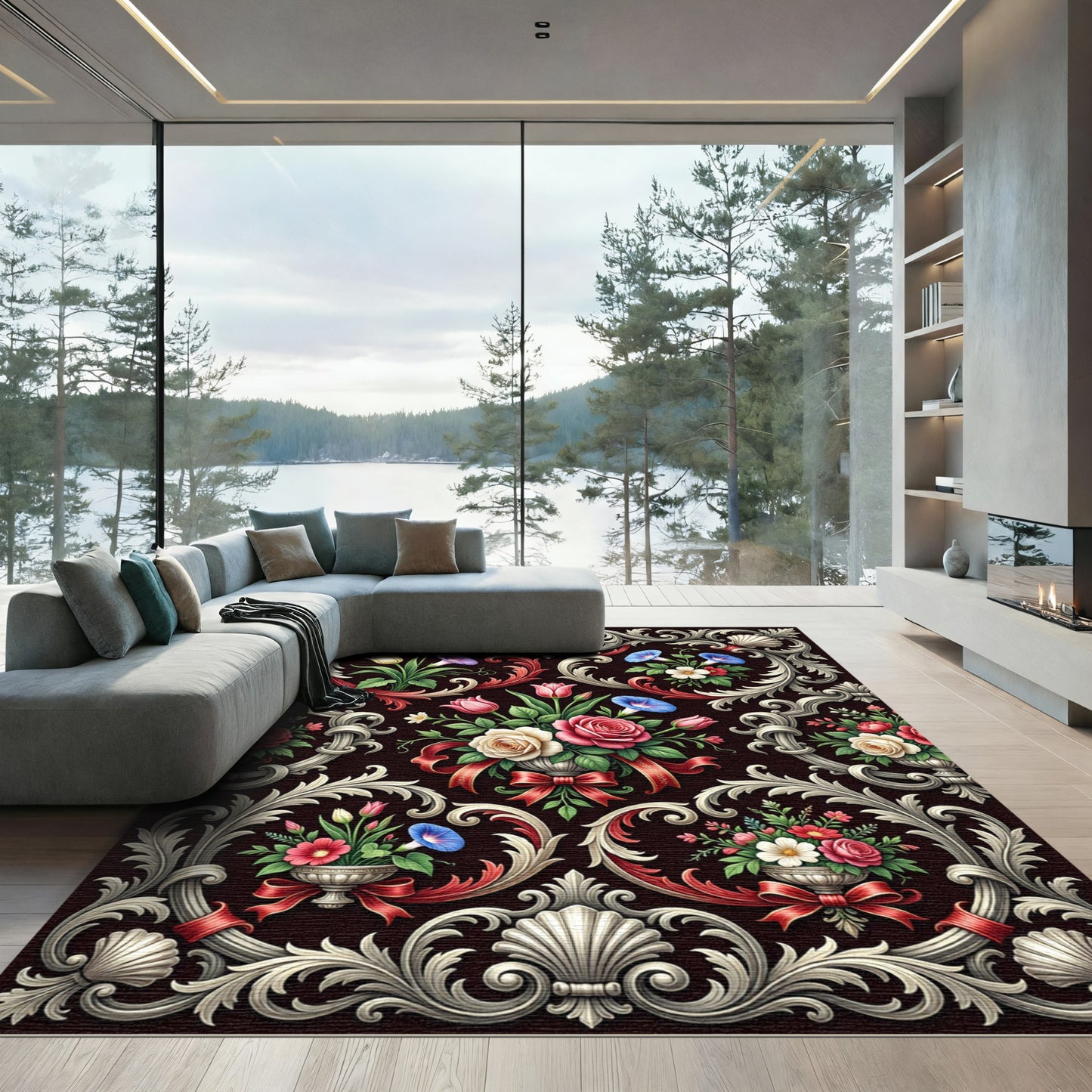 Elegant Floral Scrollwork Victorian Bouquet Rug