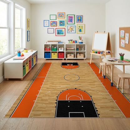 Basketball Court Hardwood Orange Rim Rug