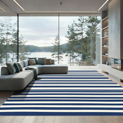 Navy Cream Modern Horizontal Stripe Rug