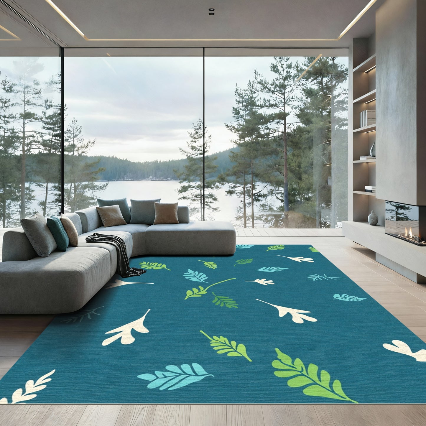 Teal Falling Leaves Garden Rug