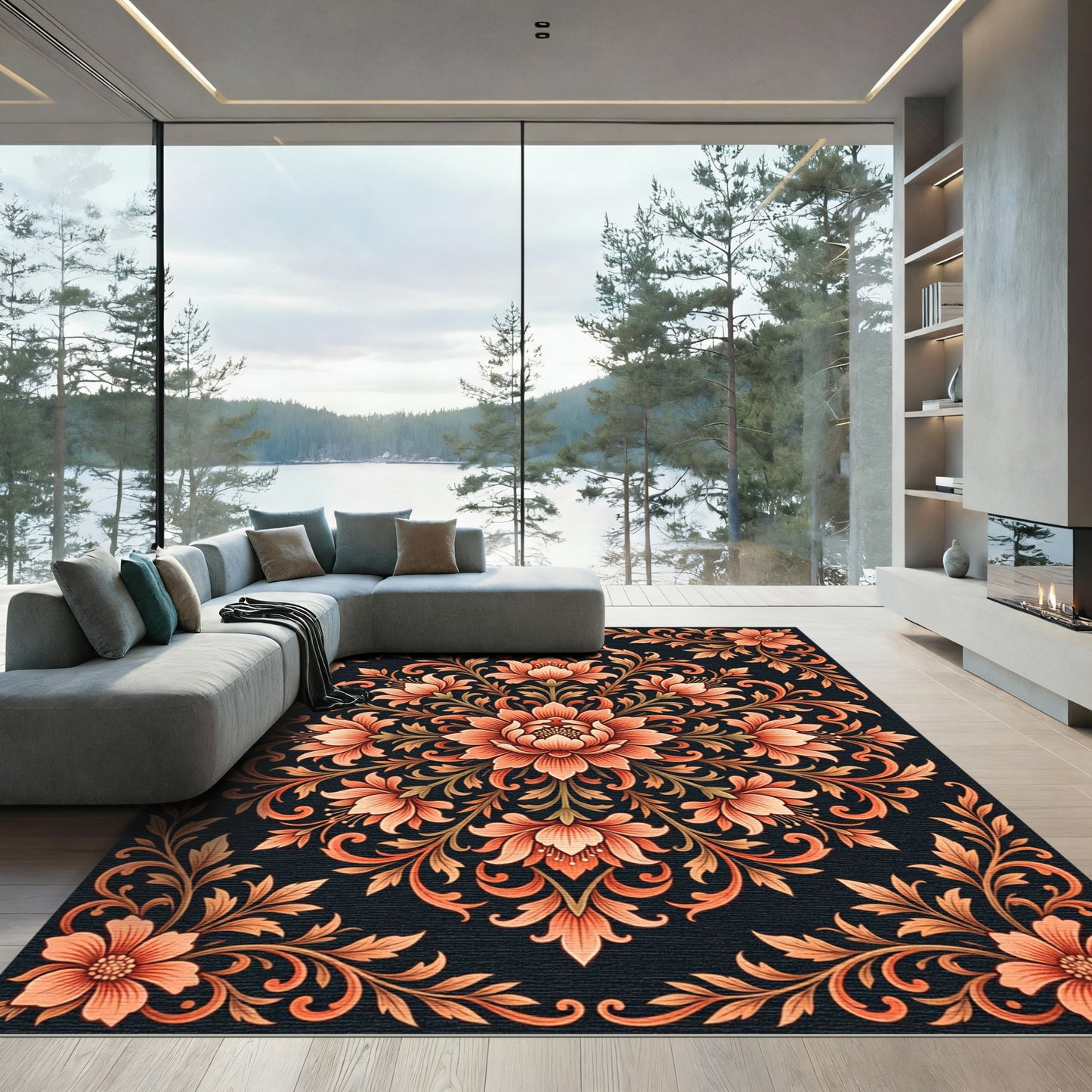 Elegant Terracotta Floral Damask Medallion Rug