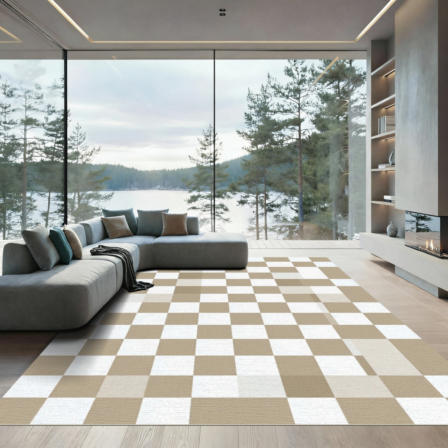 Minimalist Tan Square Checkered Rug