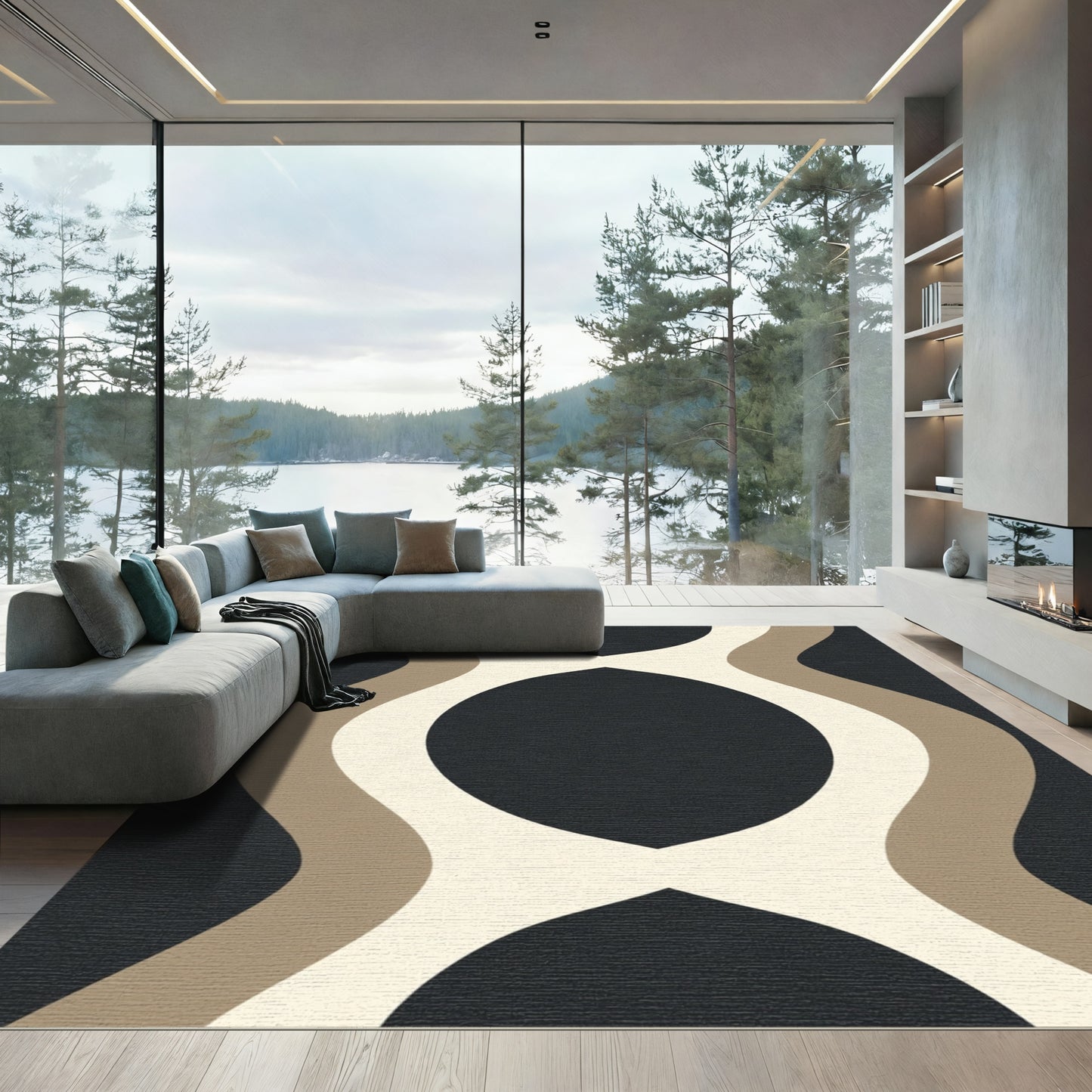 Dark Neutral Tan Cream Interlocking Waves Rug