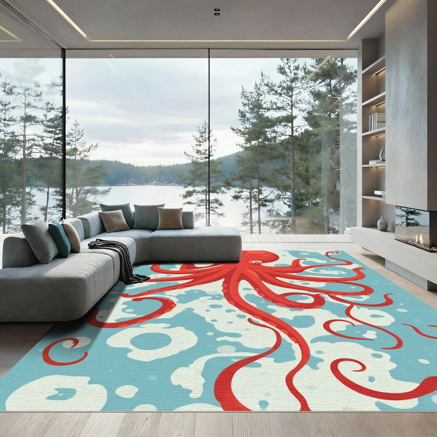 Vibrant Red Octopus Underwater Whimsy Rug
