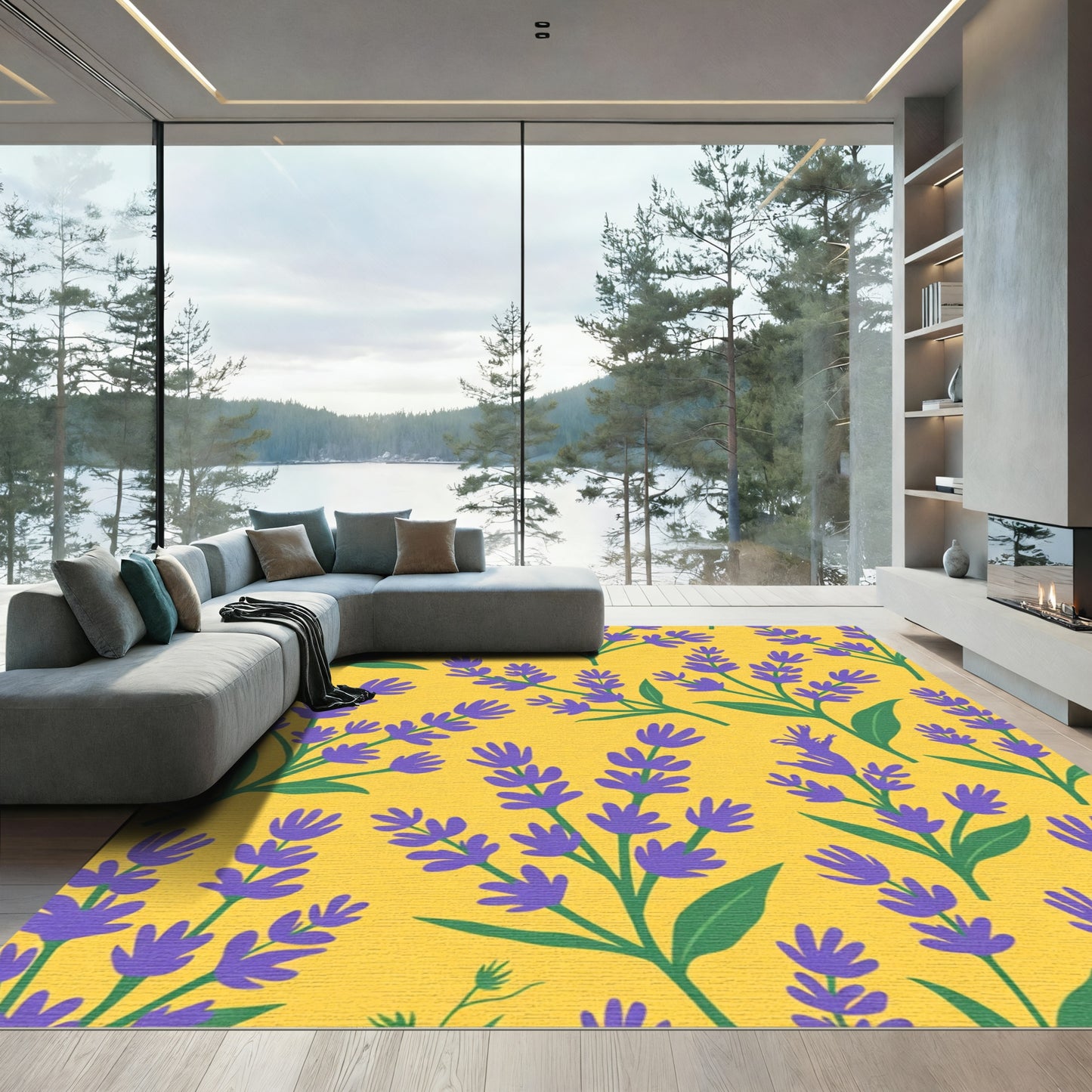 Purple Lavender Branches Yellow Background Rug