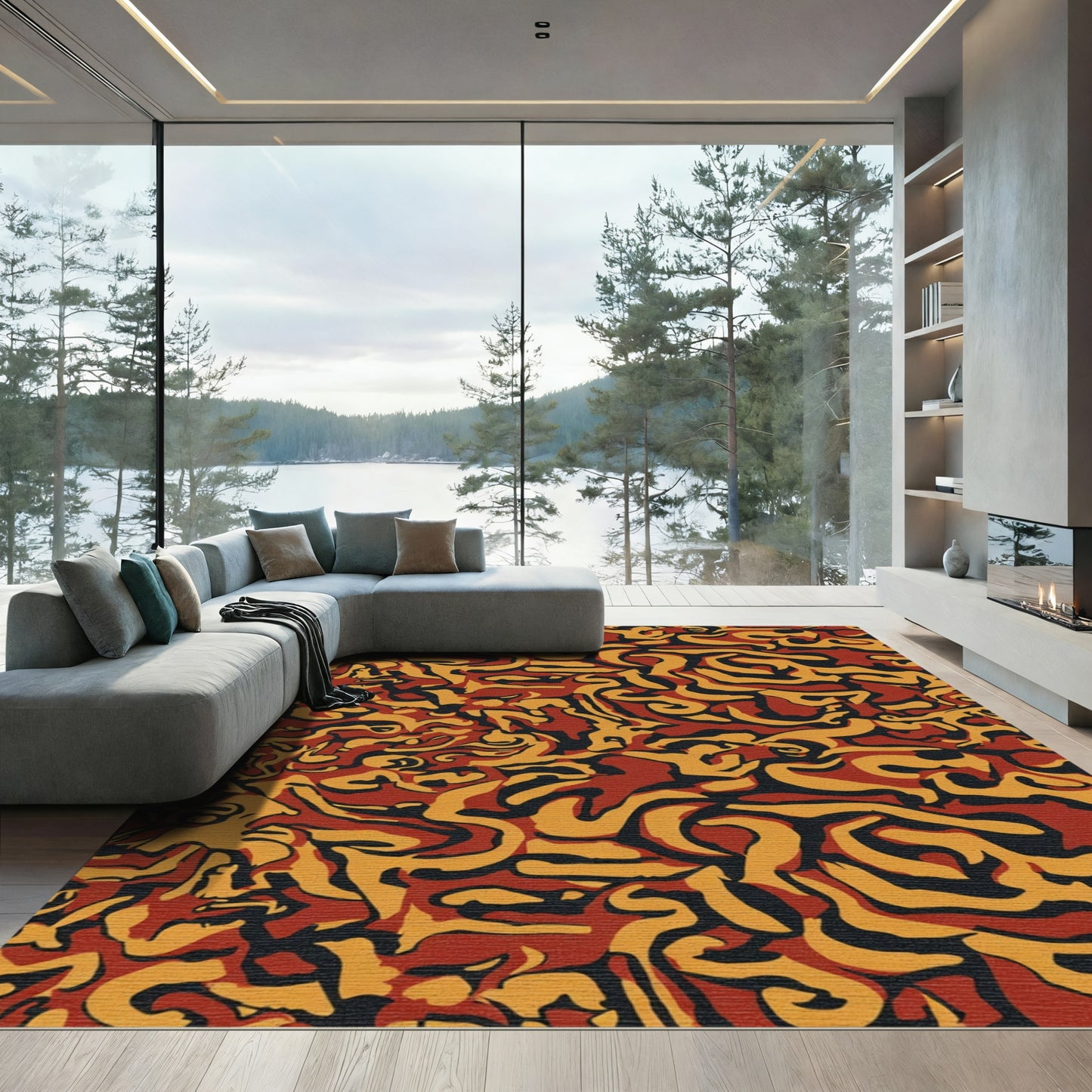 Abstract Ochre Black Crimson Swirl Rug
