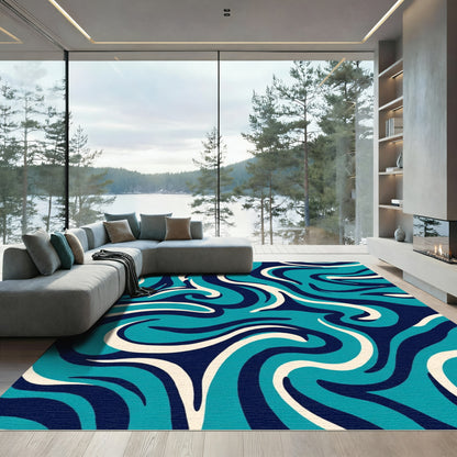 Deep Blue Ivory Swirl Abstract Rug