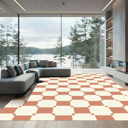 Terracotta Cream Checkerboard Squares Rug