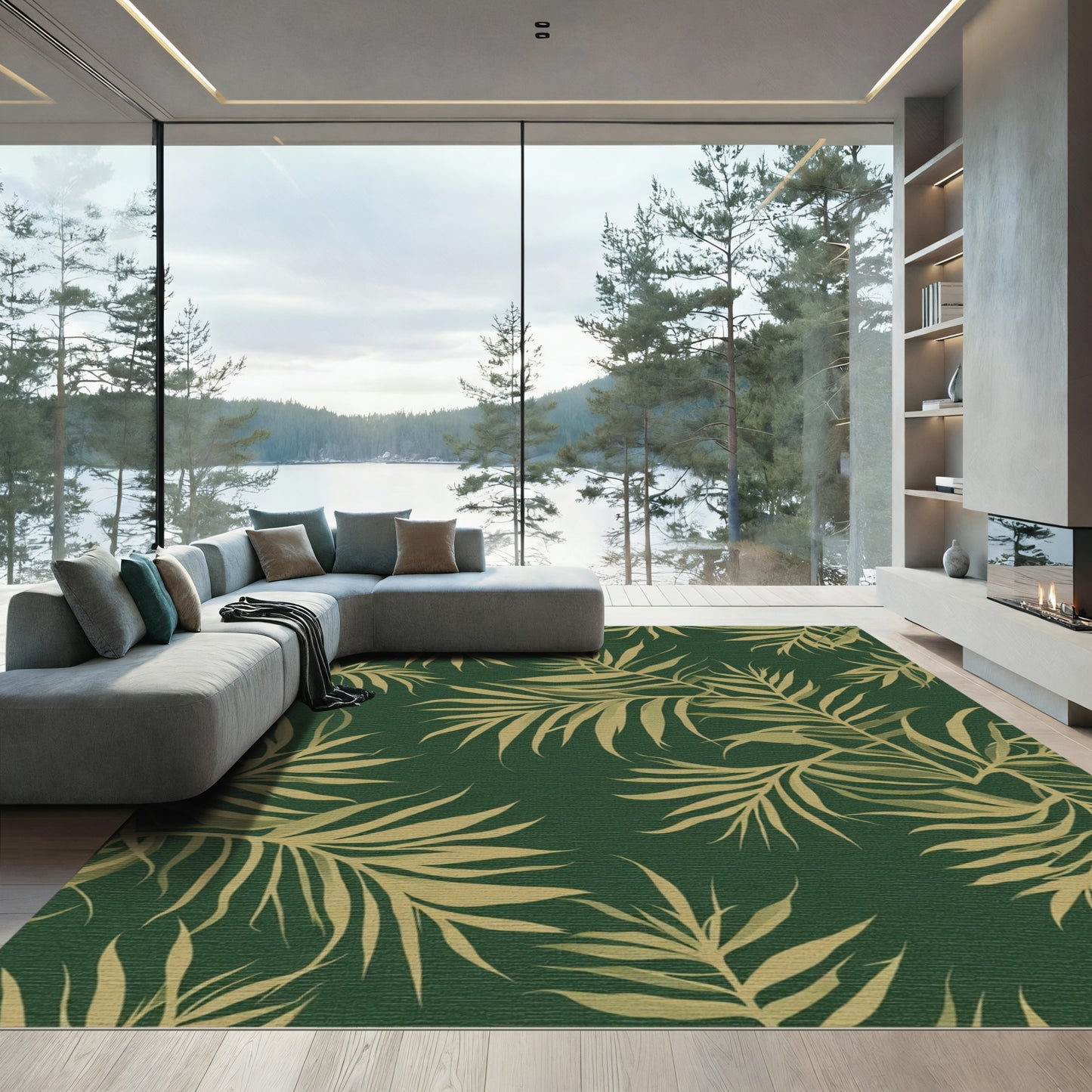 Golden fronds against deep forest green. Rug