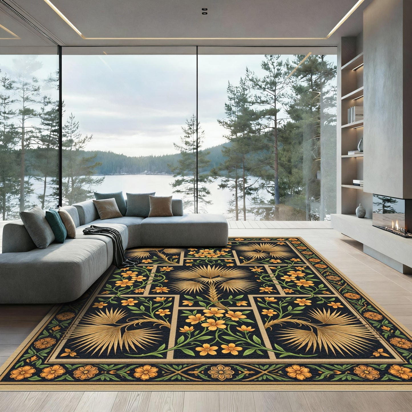 Golden Palm and Floral Botanical Rectangular Area Rug