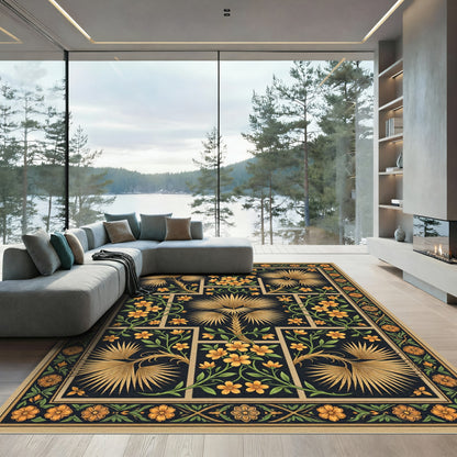 Golden Palm and Floral Botanical Rectangular Area Rug
