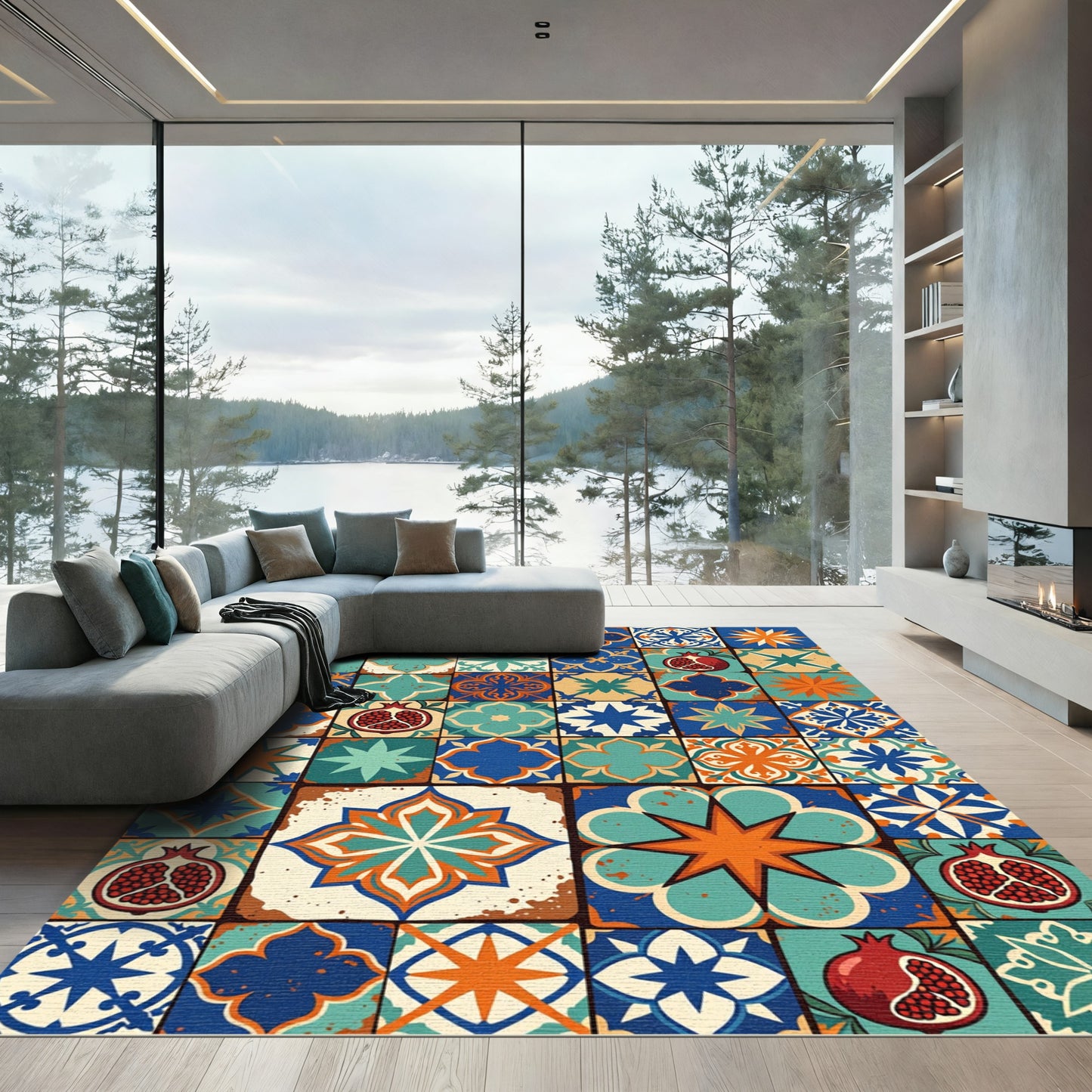Colorful Pomegranate Medallion Tile Rug