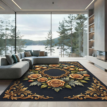 Elegant Gold Rose Floral Medallion Rug