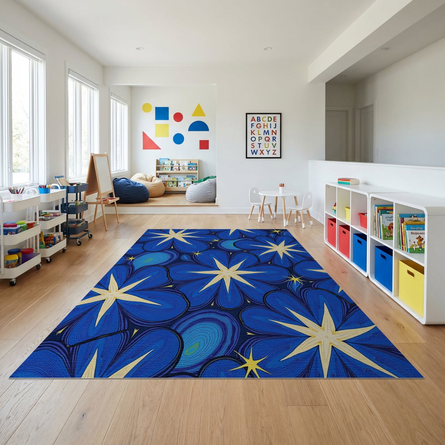 Vibrant Navy Starry Floral Peacock Rug