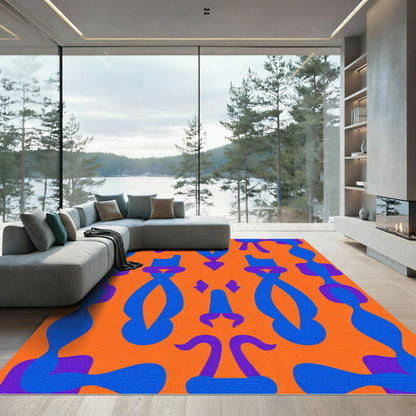 Vibrant Orange Blue Abstract Figures Rug