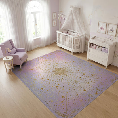 Radiant Golden Starburst Starry Purple Rug