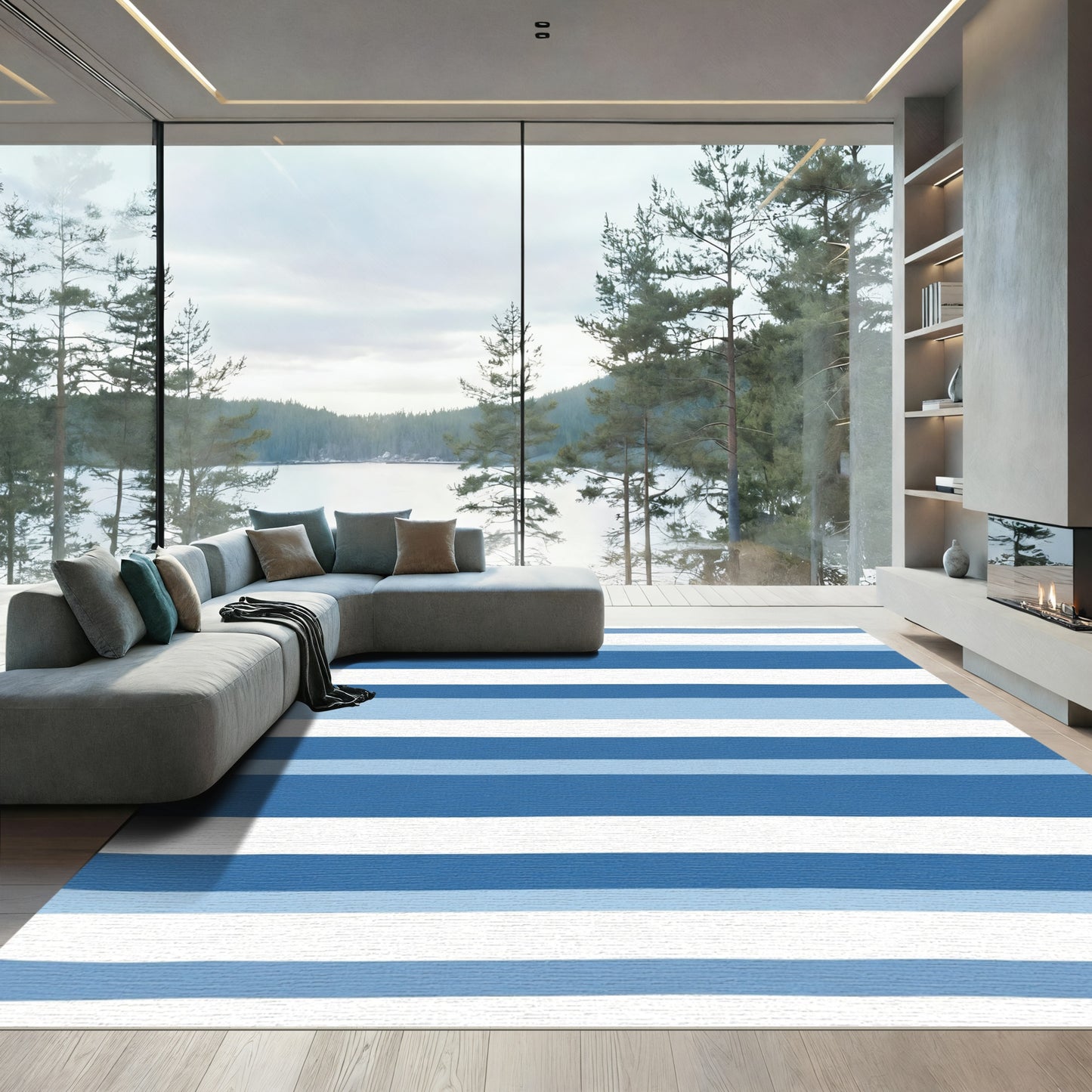 Handpainted Blue White Stripe Variations Rug
