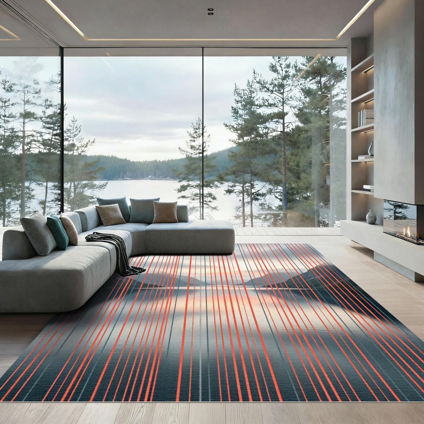 Modern Vertical Orange Gray Lines Rug