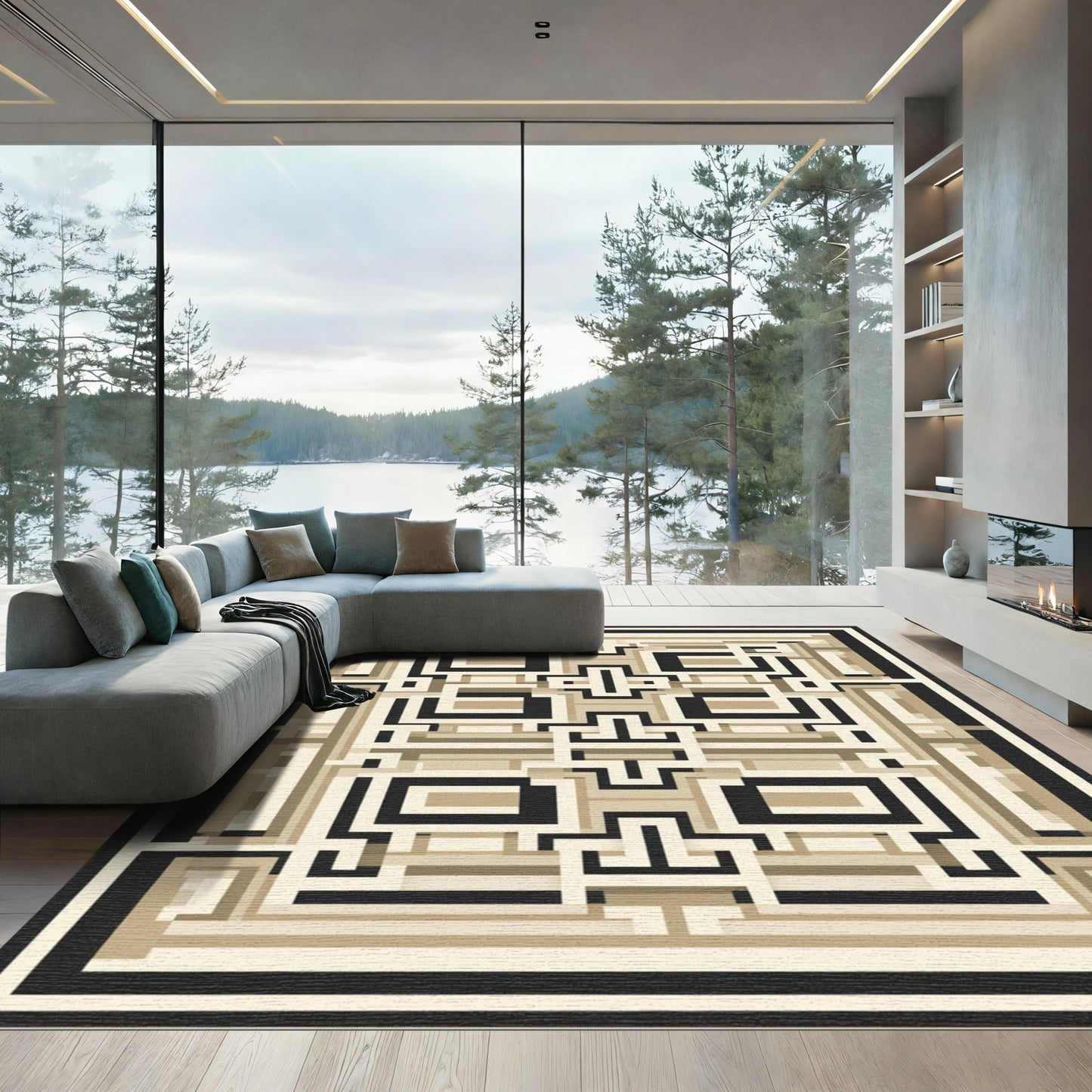 Geometric Lattice Beige Black Rug