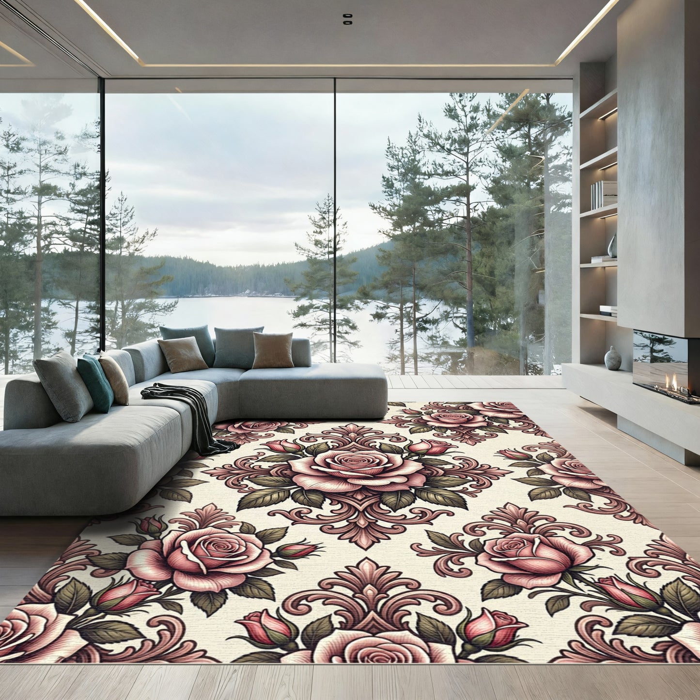 Elegant Blush Rose Damask Floral Rug