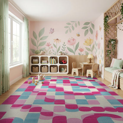 Vibrant Pink Teal Curved Geometric Rug