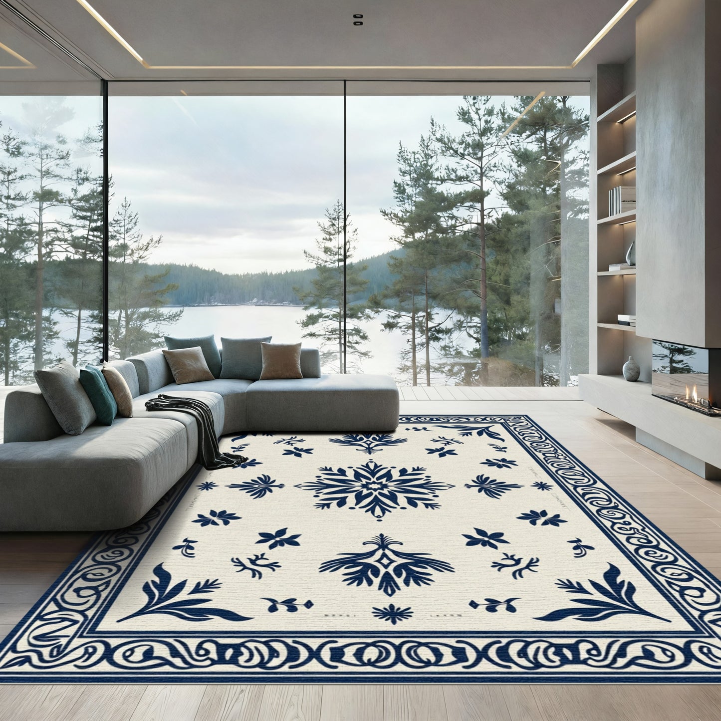 Indigo Bloom Scrollwork Cream Rug