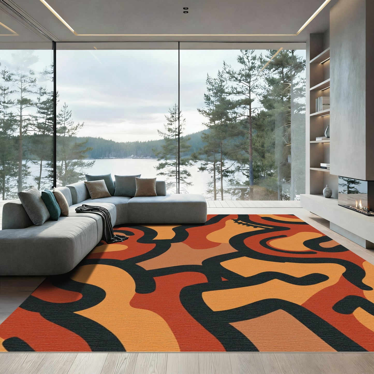 Earthy Terracotta Black Line Abstract Rug