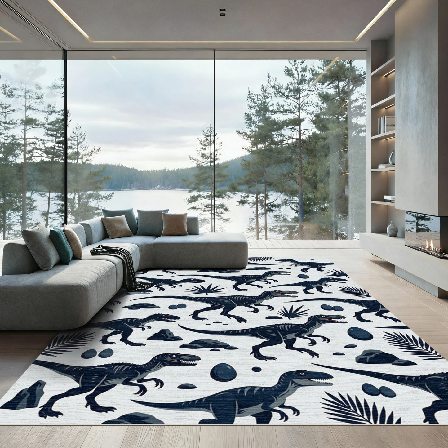 Monochromatic Prehistoric Dinosaur Jungle Scene Rug