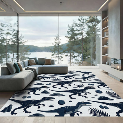 Monochromatic Prehistoric Dinosaur Jungle Scene Rug