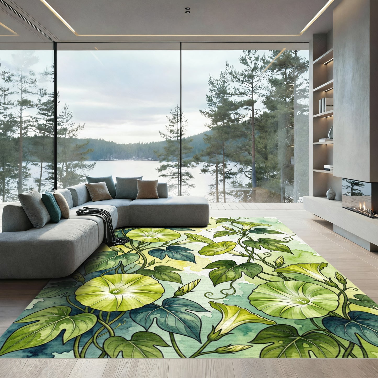 Botanical Green Morning Glory Illustration Rug