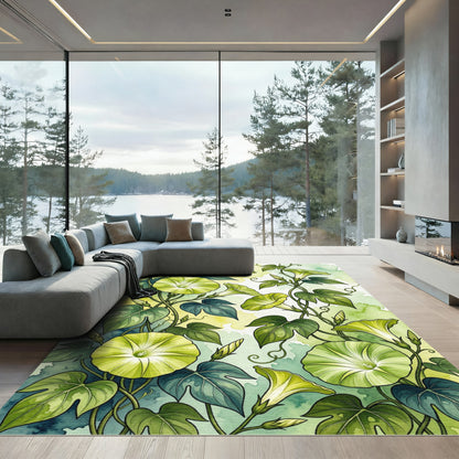 Botanical Green Morning Glory Illustration Rug