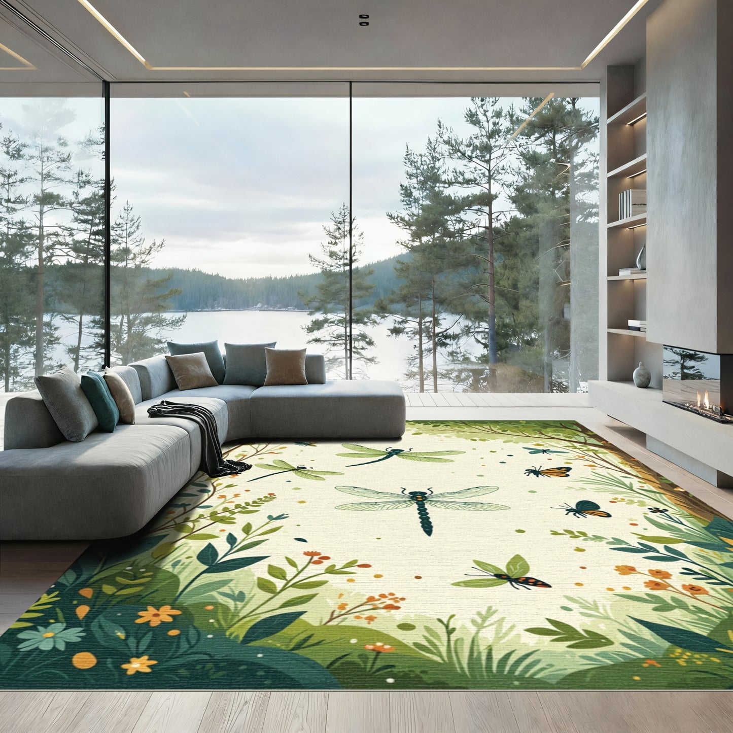 Whimsical Green Dragonfly Forest Meadow Rug