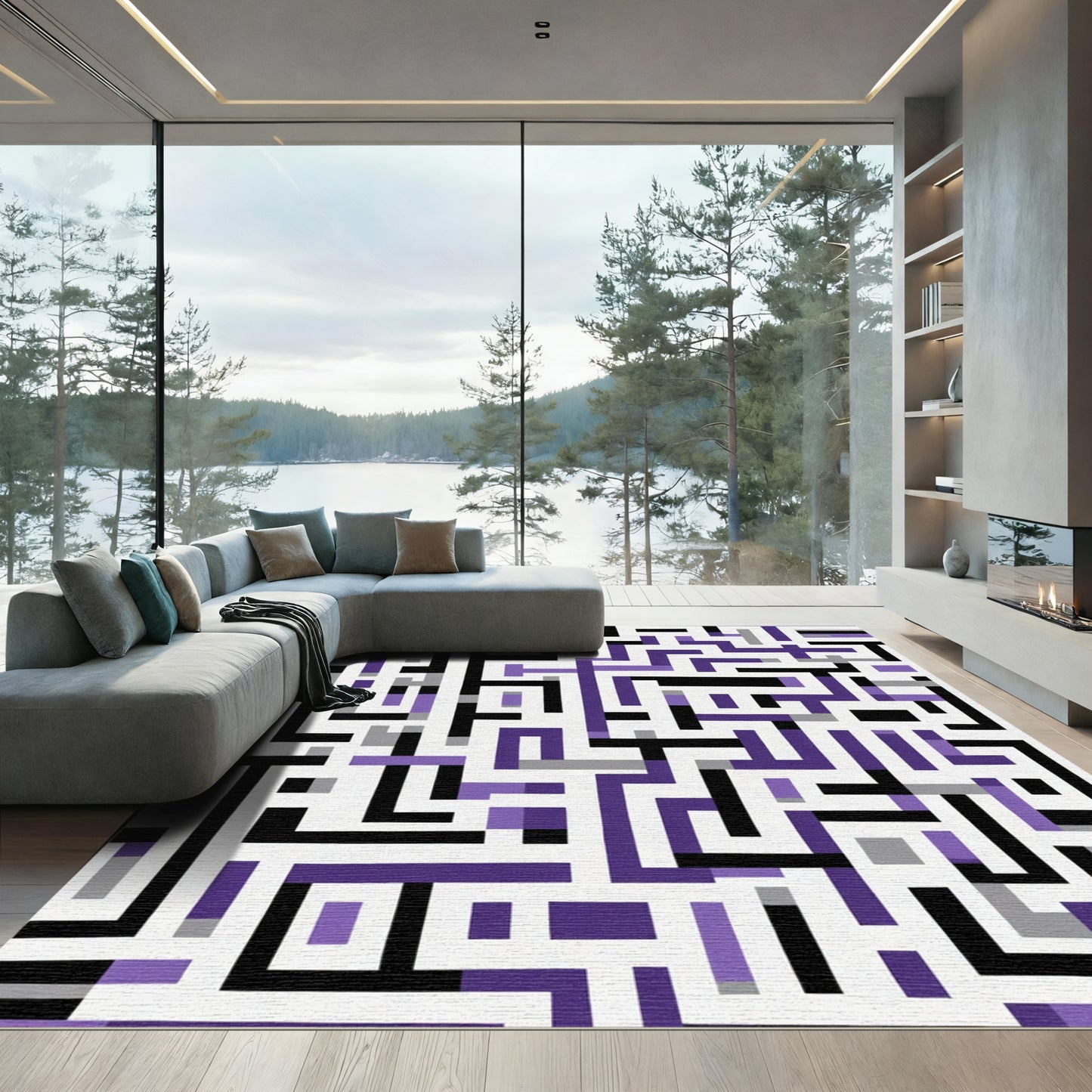 Purple Black Gray Geometric Maze Rug