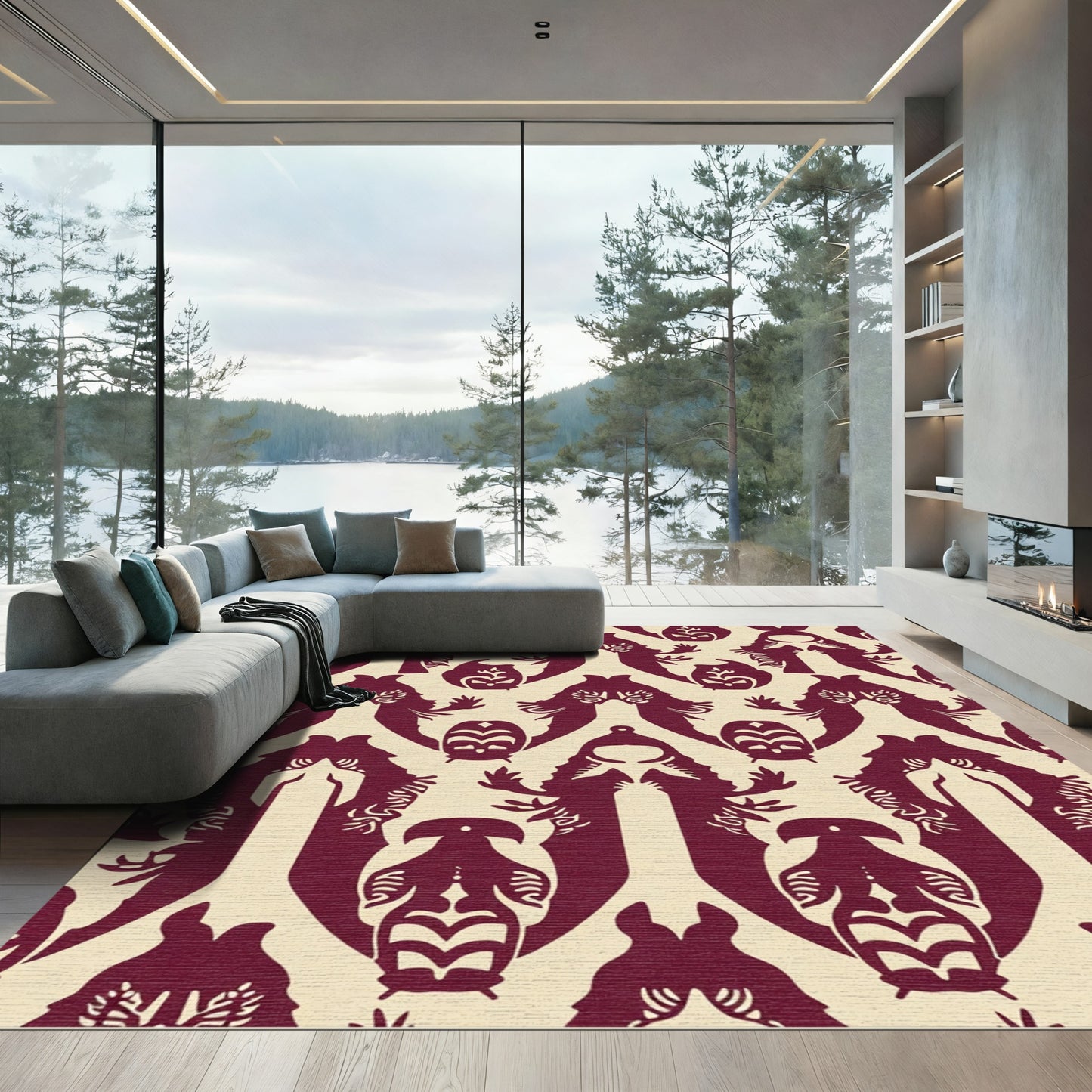 Crimson Stylized Figures Repeating Pattern Rug