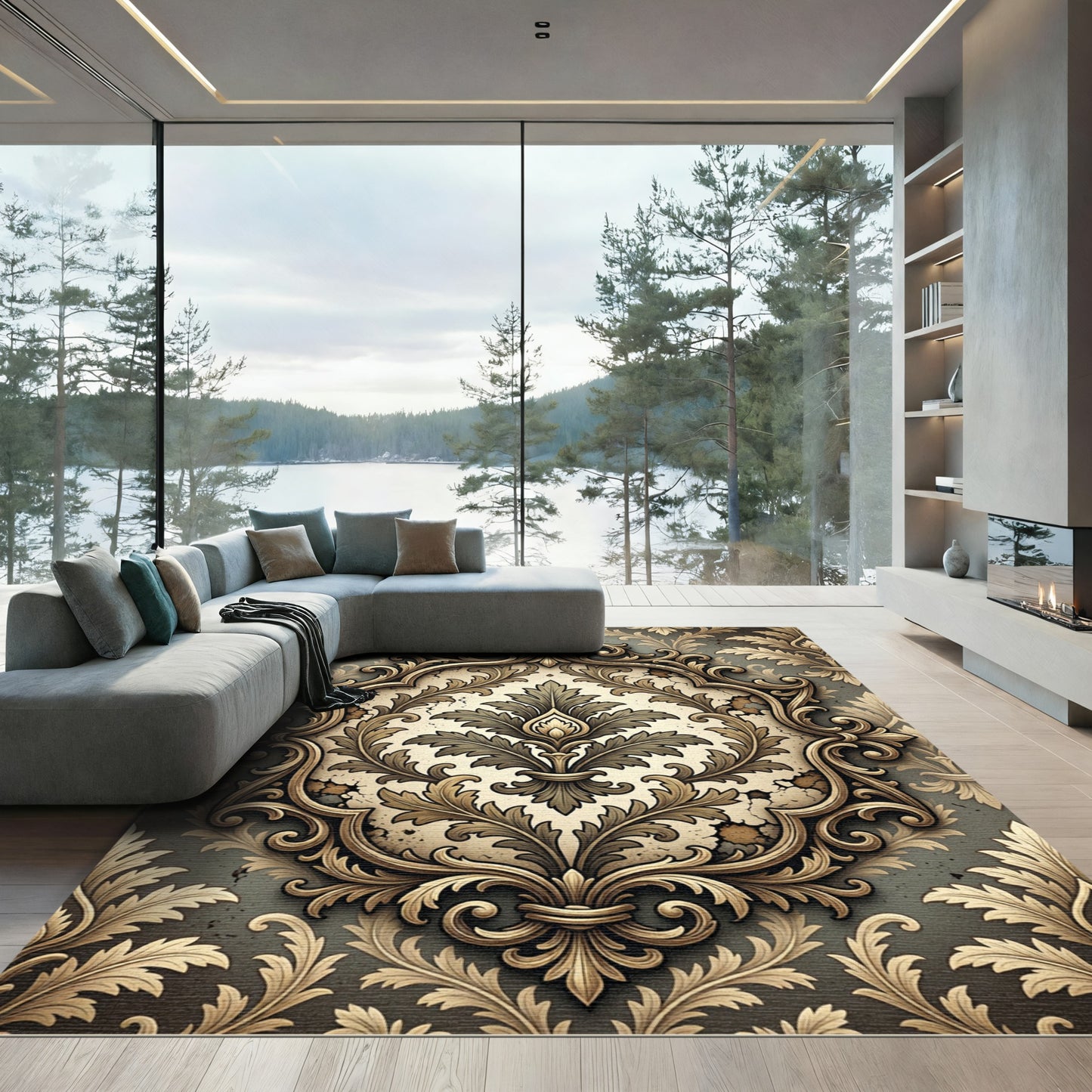 Ornate Damask Scroll Taupe Floral Medallion Rug