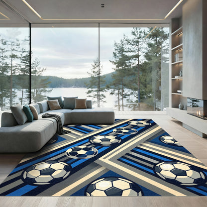 Dynamic Soccer Ball Blue Striped Graphic Rug