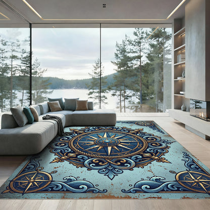 Vintage Blue Ornate Nautical Compass Rug
