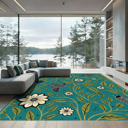 Teal Garden Birds And Flowers Rug