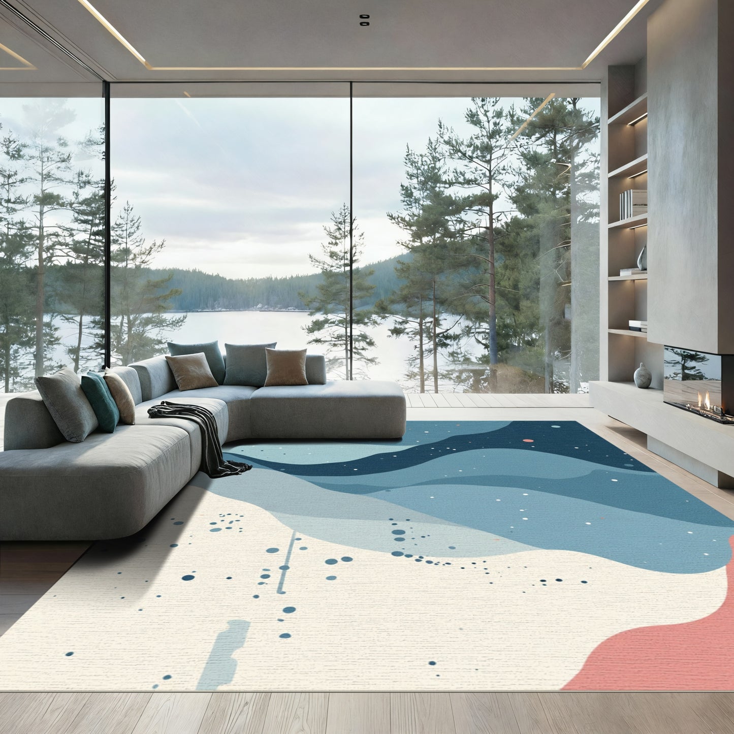 Misty Blue Abstract Layered Curves Rug
